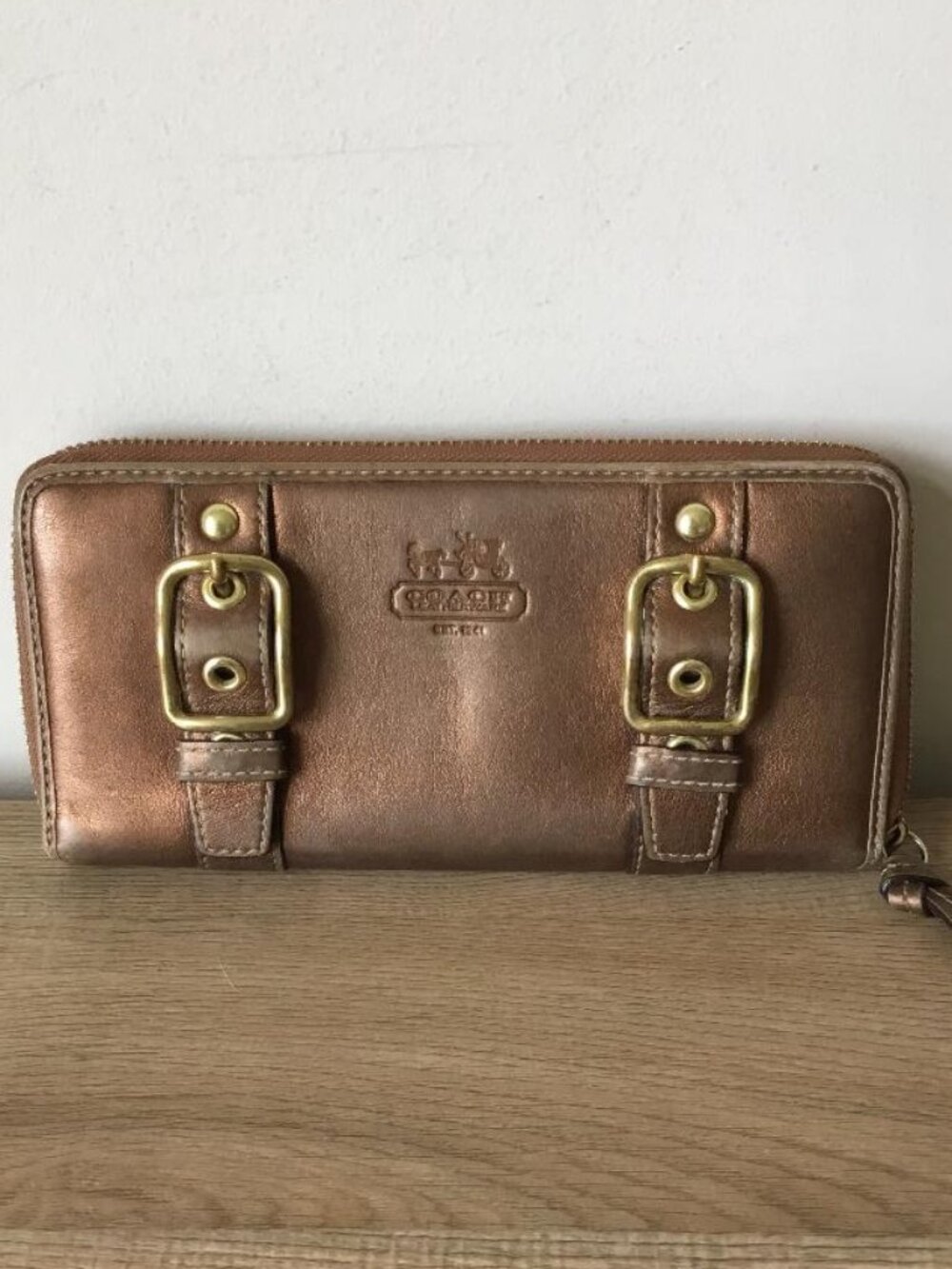 Coach Zoe Legacy Leather Zip Around Wallet w/Double Buckle Strap Details